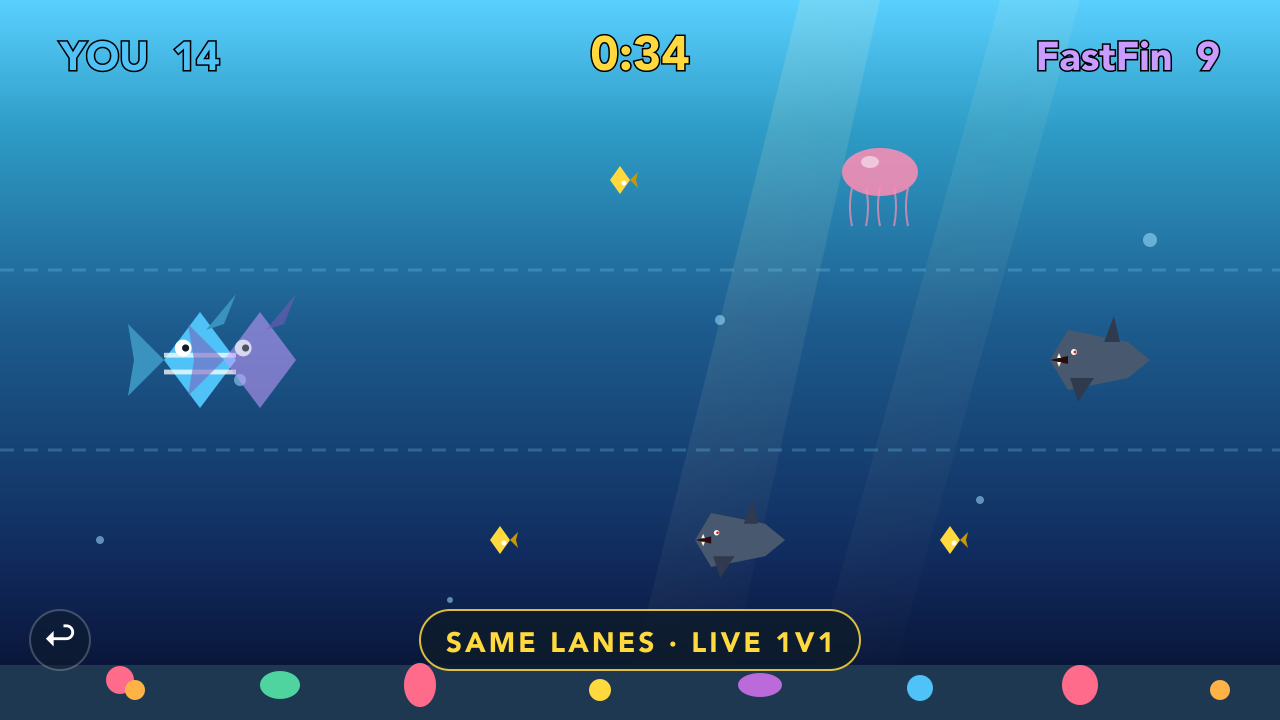 Two fish racing across the same lanes during a match